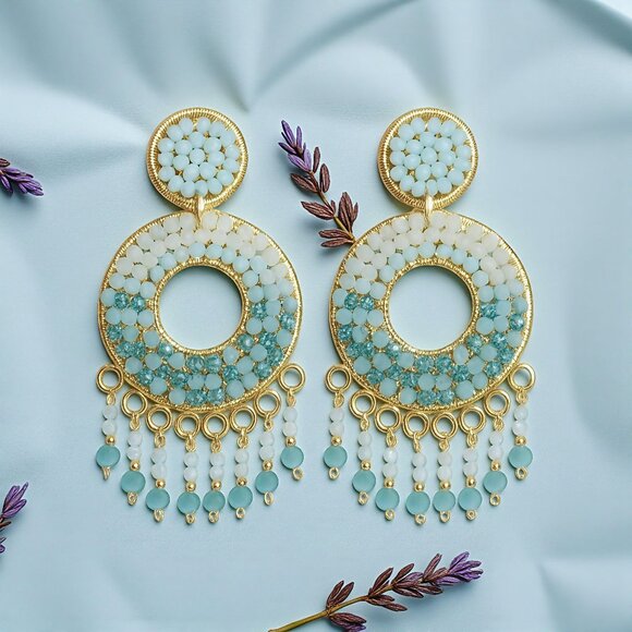 🆕Boho Chic Colombian Handmade Crystal Beaded Gold Plated Statement Earrings - Picture 5 of 11